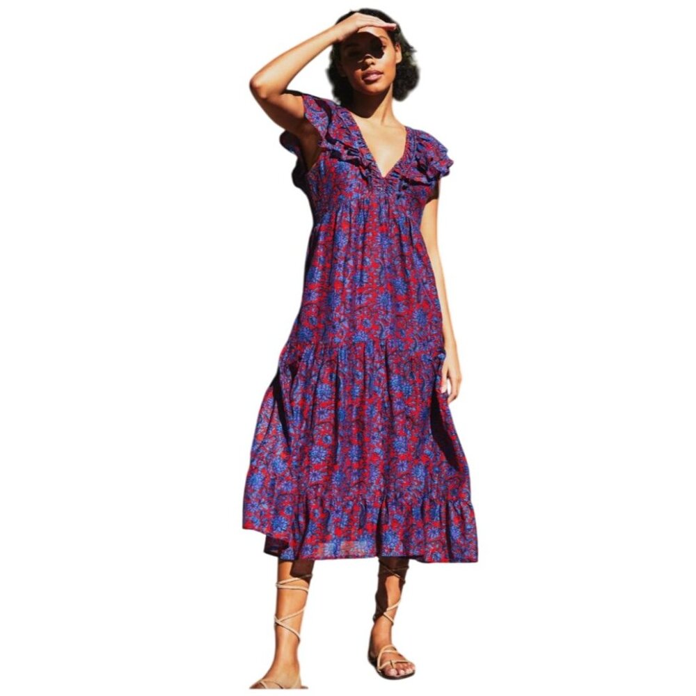 Anthropologie Roller Rabbit Lorien Ondine Silk/Cotton Blend Dress Red Blue Xl